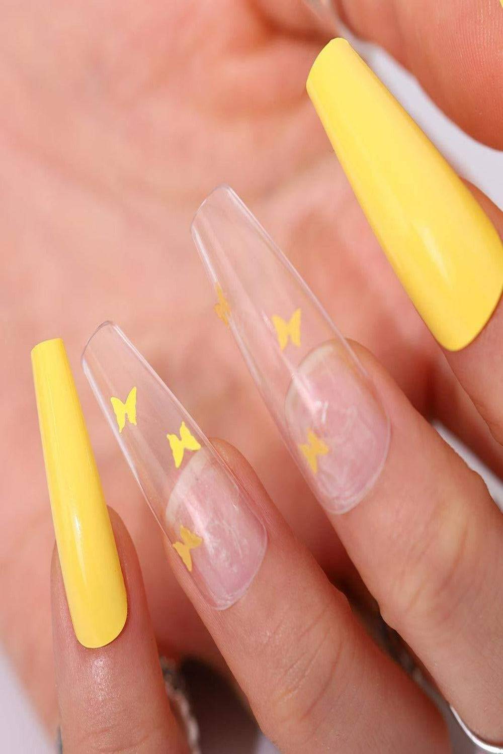 Press On Nails Cute Butterfly And Yellow Coffin Nail Kit - TGC Boutique - Press On Nails