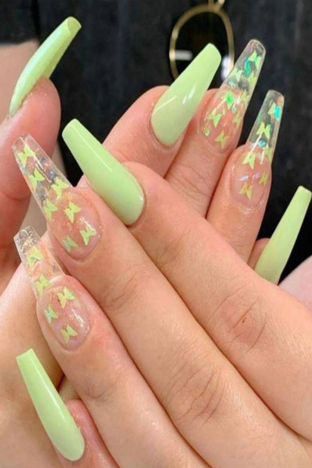Press On Nails Cute Green Coffin Butterfly Nails Kit - TGC Boutique - Press On Nails