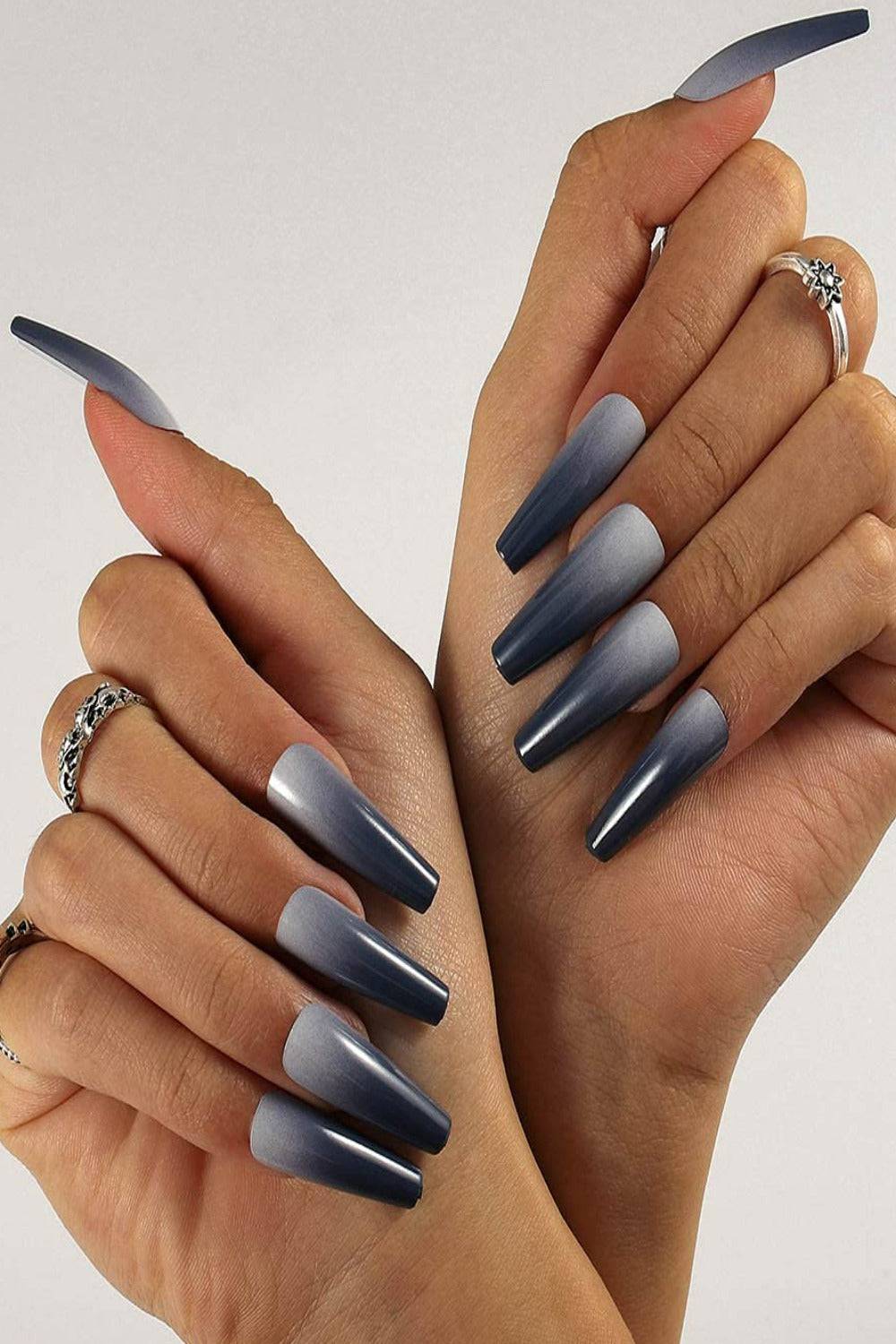 Press On Nails Dark Gray Glossy Ombre French Tip Coffin Nail Kit - TGC Boutique - Press On Nails