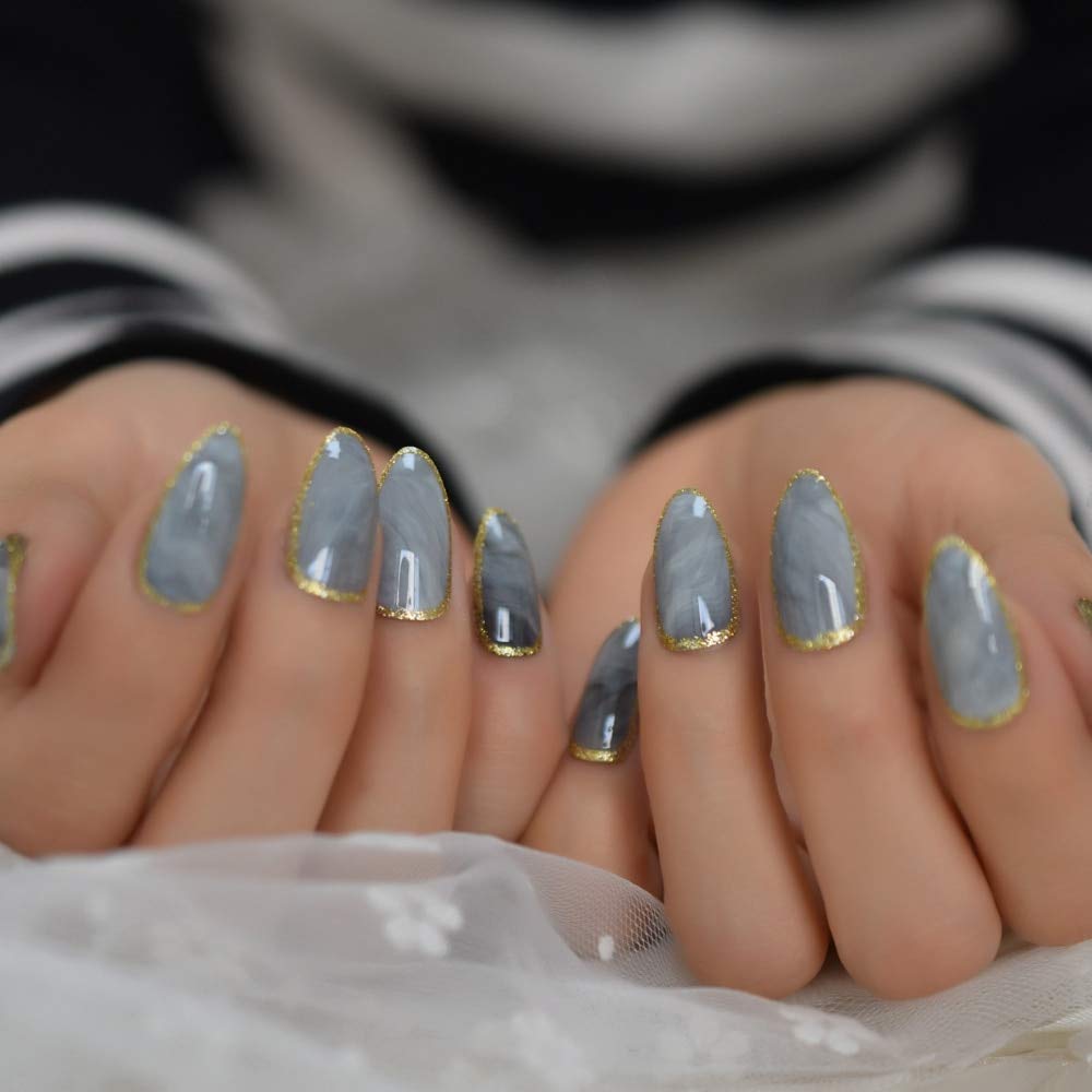 Press On Nails Gray Marble Glossy Almond Gold Nail Kit - TGC Boutique - Press On Nails