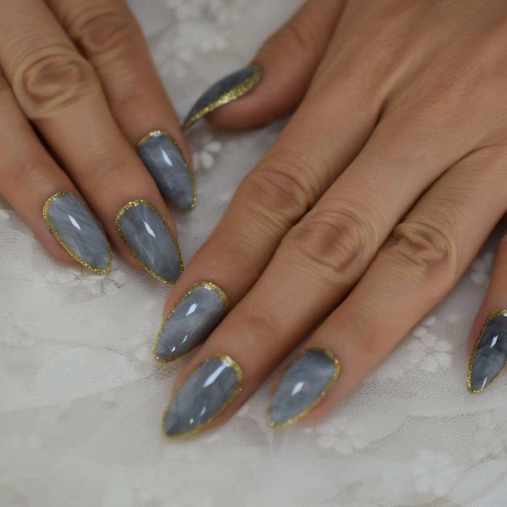 Press On Nails Gray Marble Glossy Almond Gold Nail Kit - TGC Boutique - Press On Nails