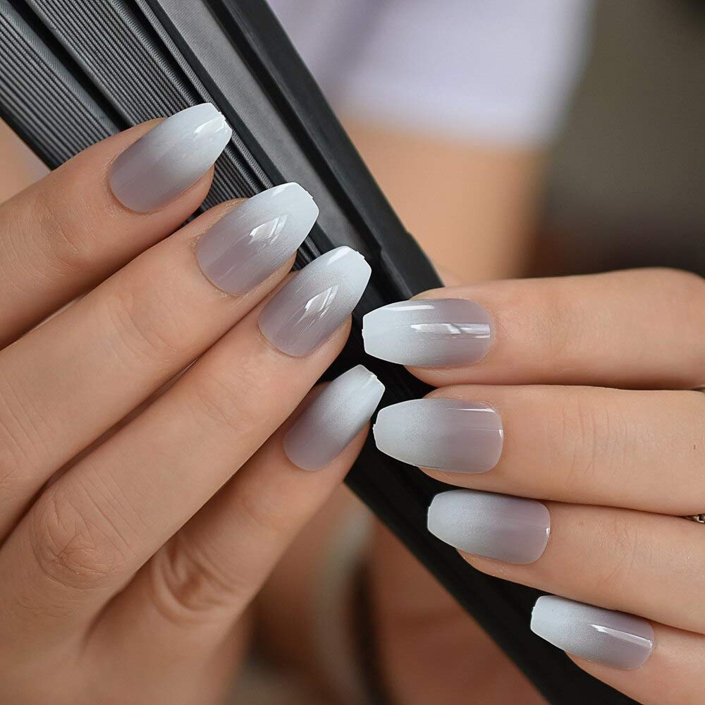 Press On Nails Gray Ombre French Glossy Coffin Nail Kit - TGC Boutique - Press On Nails