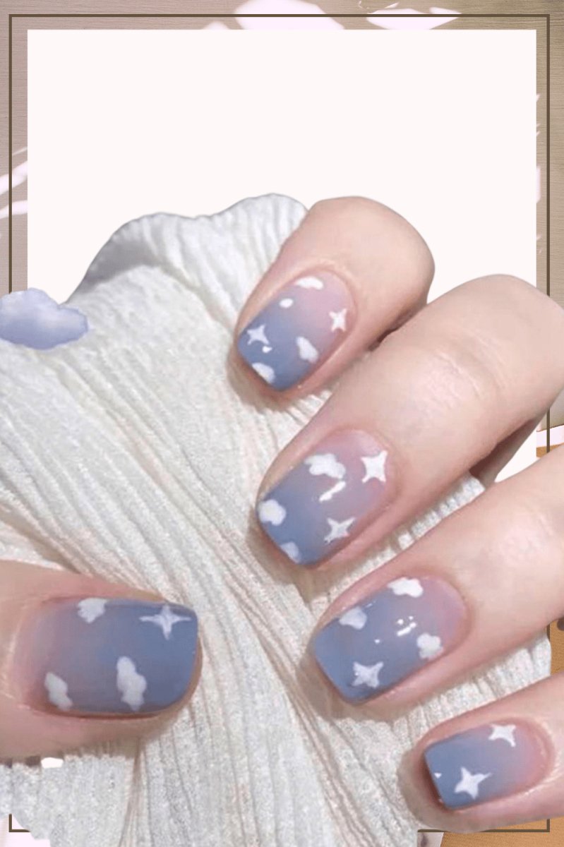 Press On Nails Gray Ombre Glossy Cloud Coffin Star Nail Kit - TGC Boutique - Press On Nails