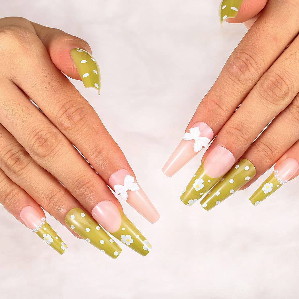 Press On Nails Green French Glossy Flower Coffin Polka Dot Nail Kit - TGC Boutique - Press On Nails