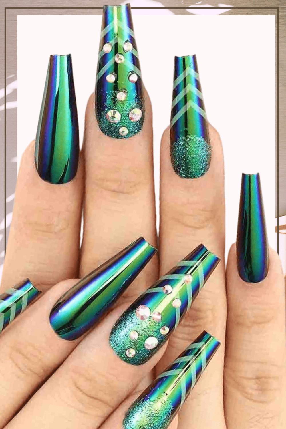 Press On Nails Green Glossy Crystal Coffin Nail Kit - TGC Boutique - Press On Nails