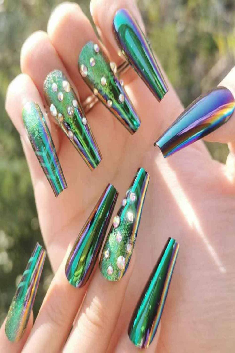 Press On Nails Green Glossy Crystal Coffin Nail Kit - TGC Boutique - Press On Nails