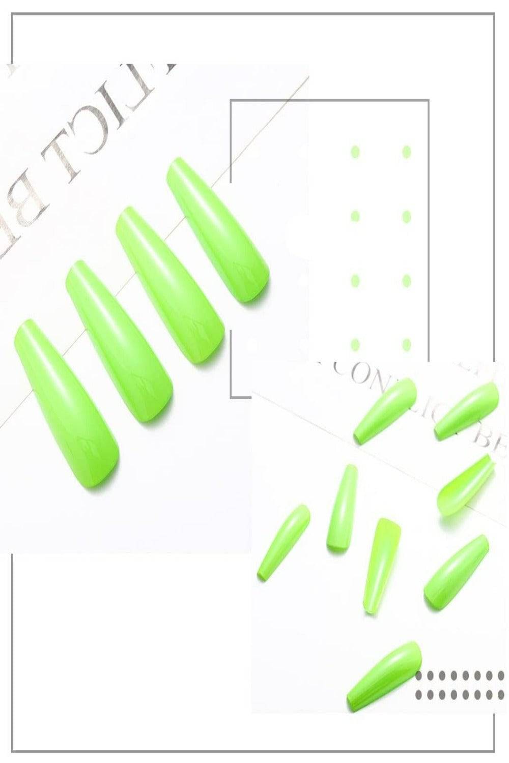 Press On Nails Long Shiny Coffin Tip False Nail Kit - Neon Green - TGC Boutique - Press On Nails