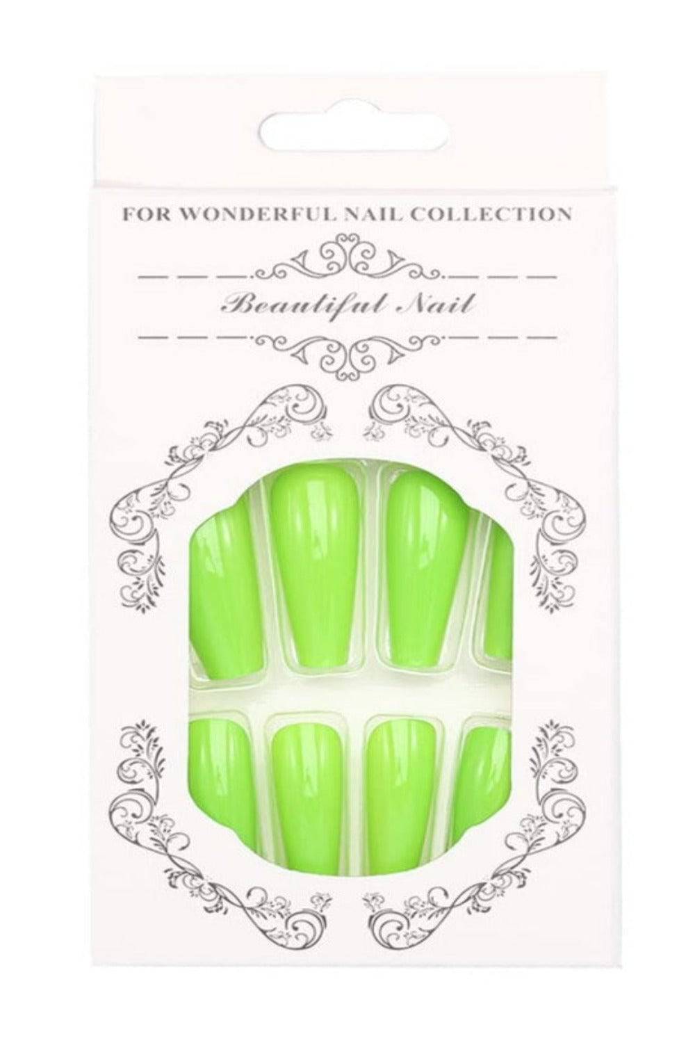 Press On Nails Long Shiny Coffin Tip False Nail Kit - Neon Green - TGC Boutique - Press On Nails