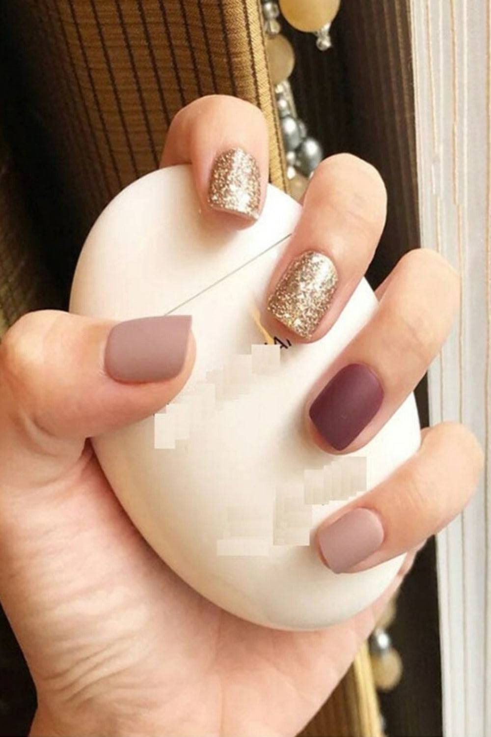 Press On Nails Maroon And Nude Matte Square Gold Glitter Nail Kit - TGC Boutique - Press On Nails