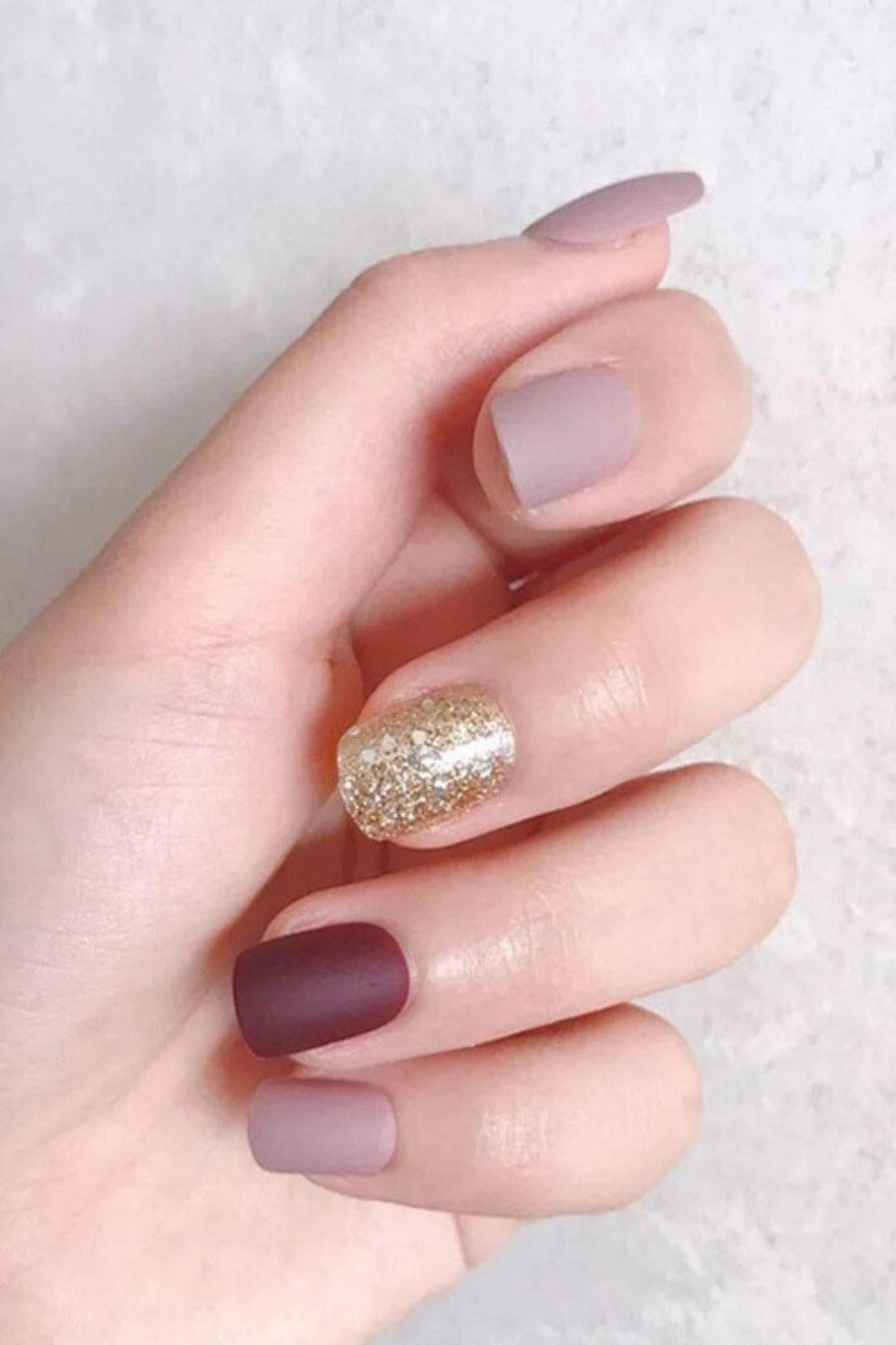 Press On Nails Maroon And Nude Matte Square Gold Glitter Nail Kit - TGC Boutique - Press On Nails