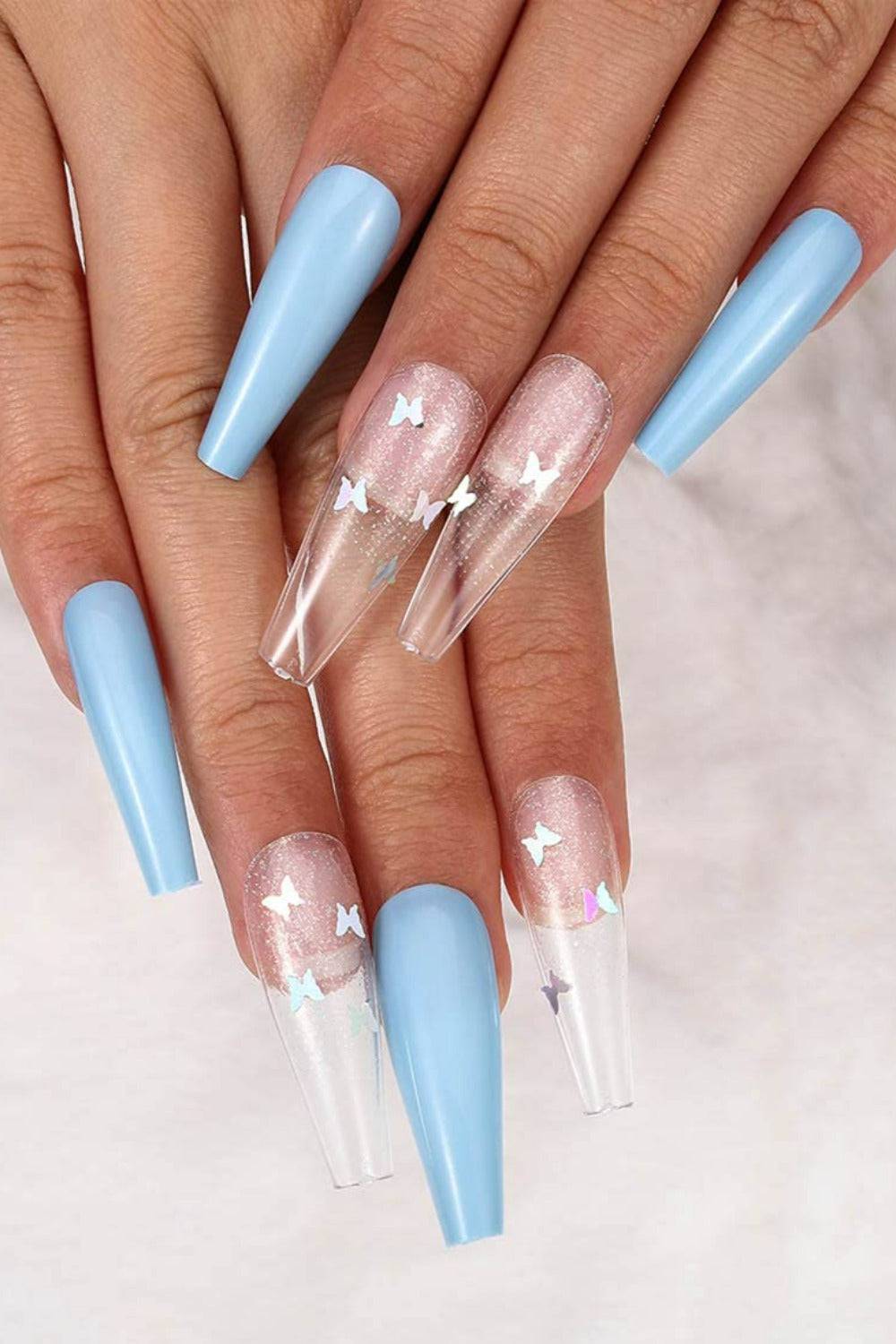 Press On Nails Matte Glossy Neon French Tip Coffin Nail Kit - Blue & Clear - TGC Boutique - Press On Nails