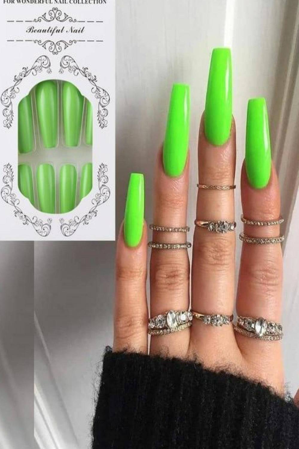 Press On Nails Neon Glossy French Tip Matte Coffin Nail Kit - TGC Boutique - Press On Nails