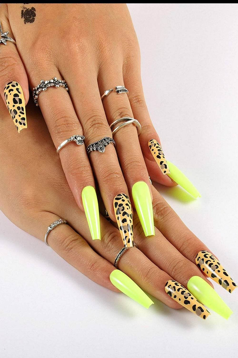 Press On Nails Neon Yellow Glossy Leopard Coffin Nail Kit - TGC Boutique - Press On Nails