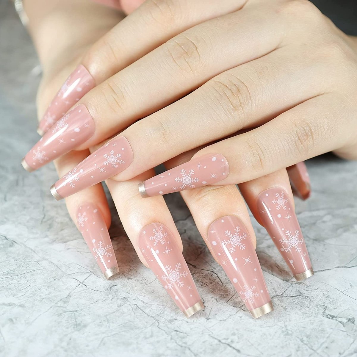 Press On Nails Nude French Glossy Coffin Snowflake Nail Kit - TGC Boutique - Press On Nails