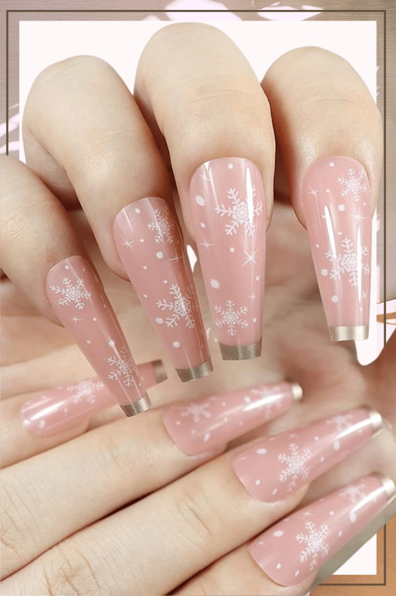 Press On Nails Nude French Glossy Coffin Snowflake Nail Kit - TGC Boutique - Press On Nails