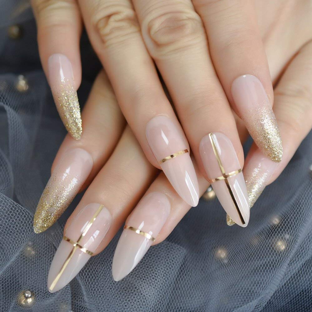 Press On Nails Nude French Gold Almond Line Nail Kit - TGC Boutique - Press On Nails