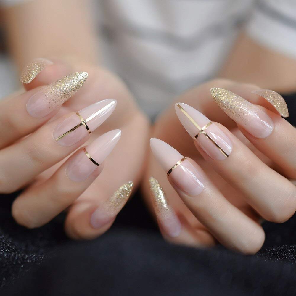 Press On Nails Nude French Gold Almond Line Nail Kit - TGC Boutique - Press On Nails