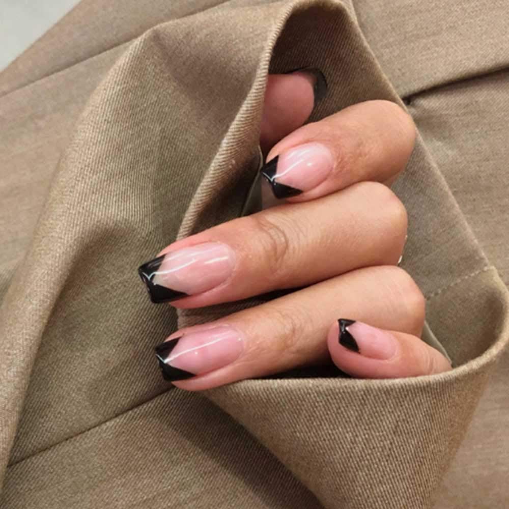 Press On Nails Nude Glossy Black French Tip Coffin Nail Kit - TGC Boutique - Press On Nails