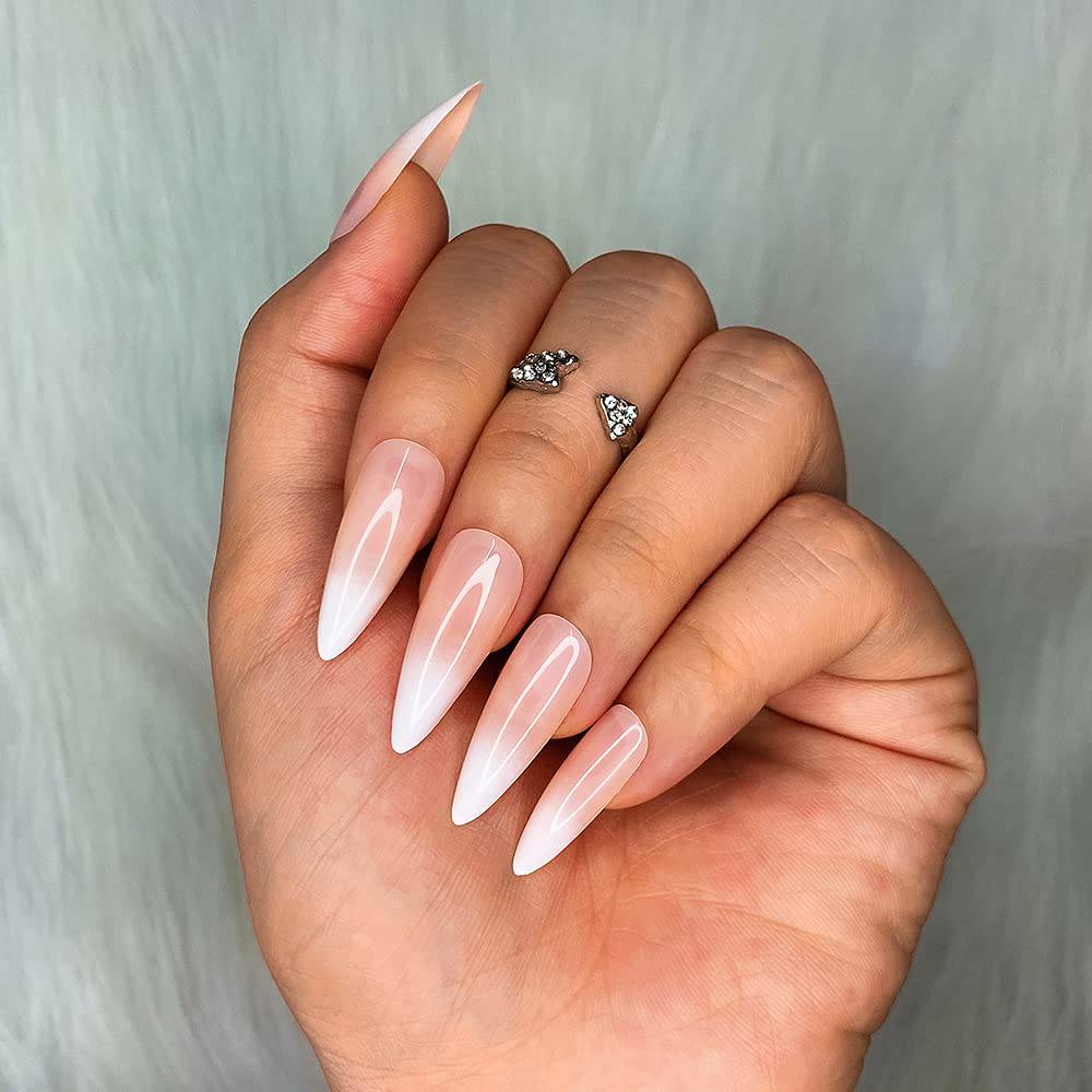 Press On Nails Nude Glossy Ombre White French Almond Nail Kit - TGC Boutique - Press On Nails
