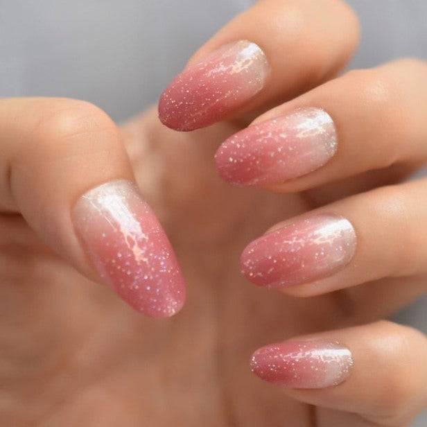 Press On Nails Nude Pink Ombre Glossy Almond Glitter Nail Kit - TGC Boutique - Press On Nails