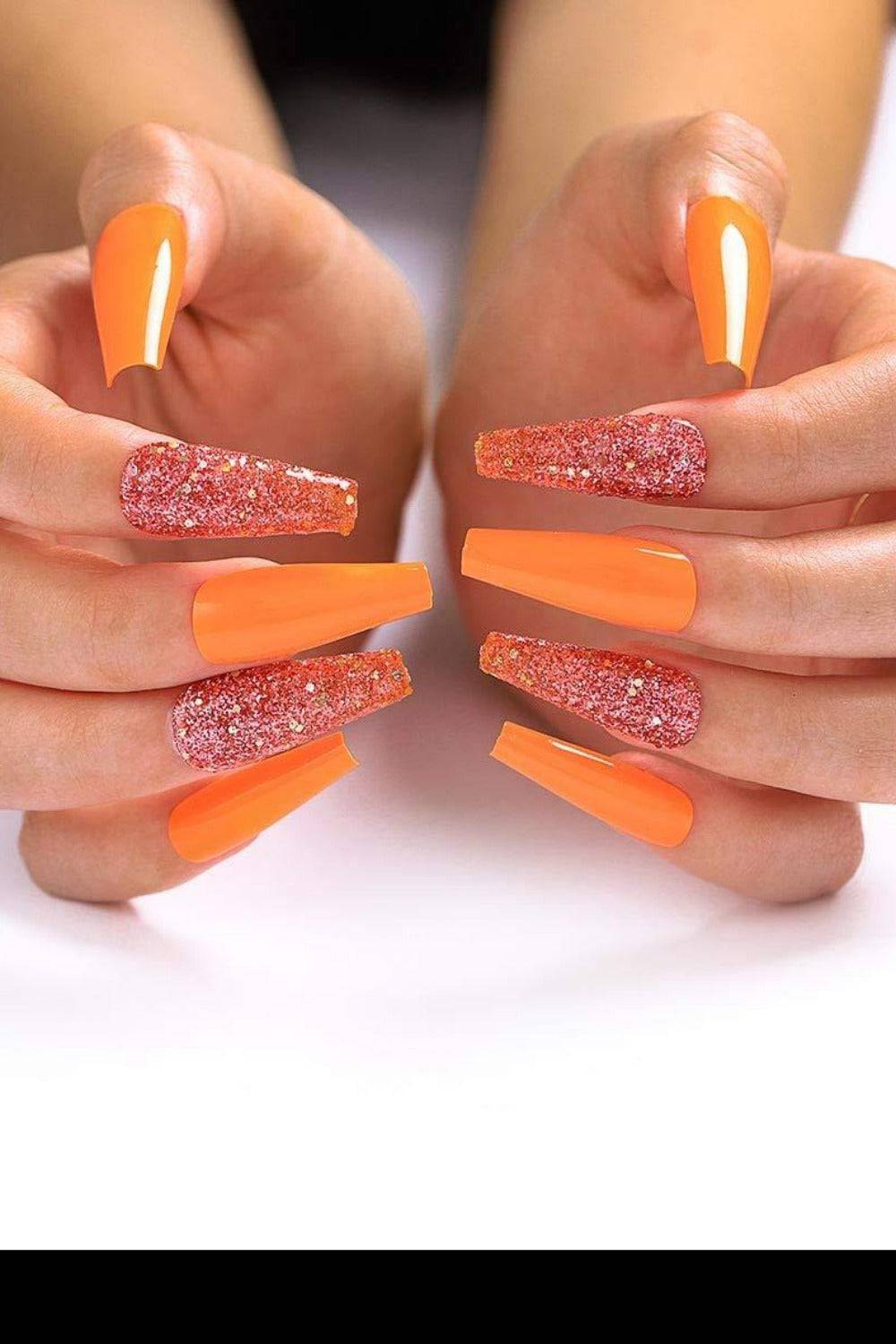 Press On Nails Orange Glitter Glossy Coffin Nail Kit - TGC Boutique - Press On Nails