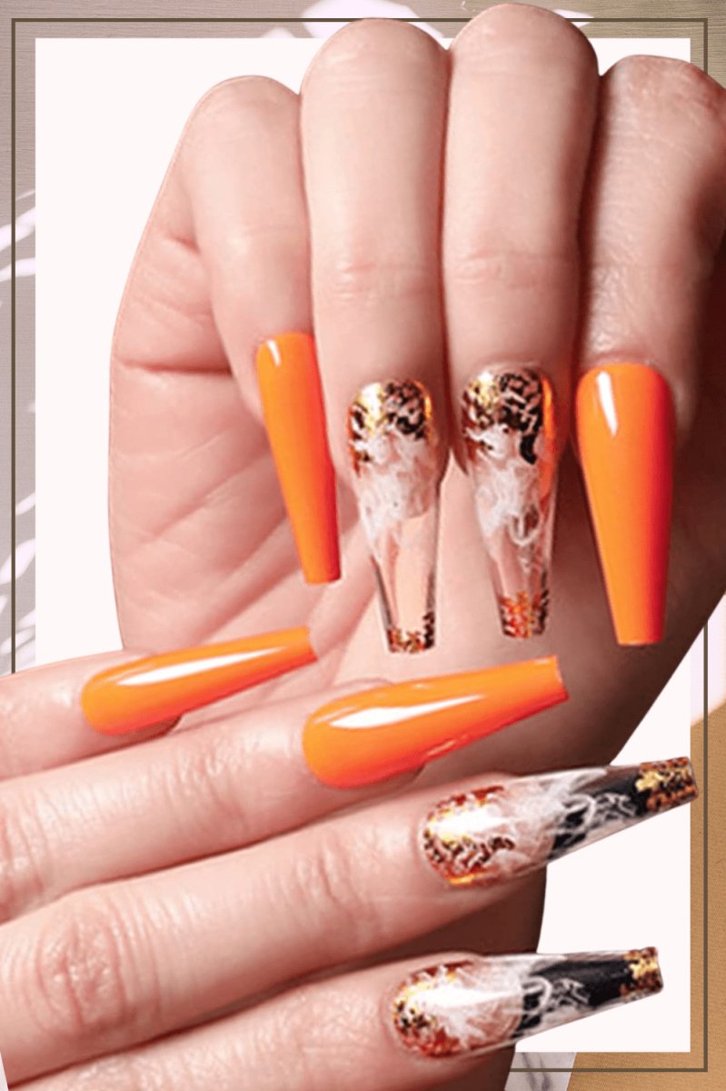 Press On Nails Orange Glossy Coffin White And Gold Nail Kit - TGC Boutique - Press On Nails