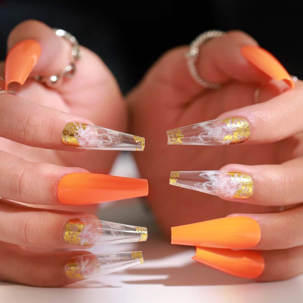 Press On Nails Orange Glossy Coffin White And Gold Nail Kit - TGC Boutique - Press On Nails