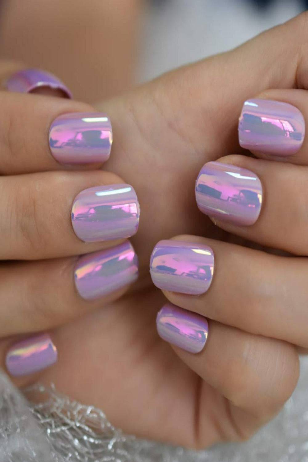 Press On Nails Pink And Purple Chrome Glossy Round Nail Kit - TGC Boutique - Press On Nails