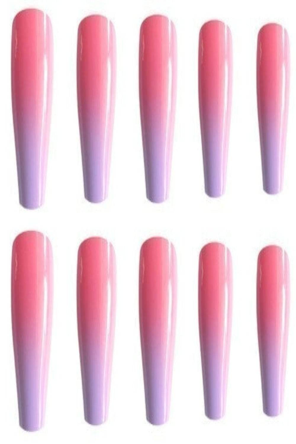 Press On Nails Pink And Purple Glossy Ombre French Tip Coffin Nails Kit - TGC Boutique - Press On Nails