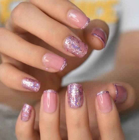Press On Nails Pink And Purple Glossy Square Glitter Nail Kit - TGC Boutique - Press On Nails