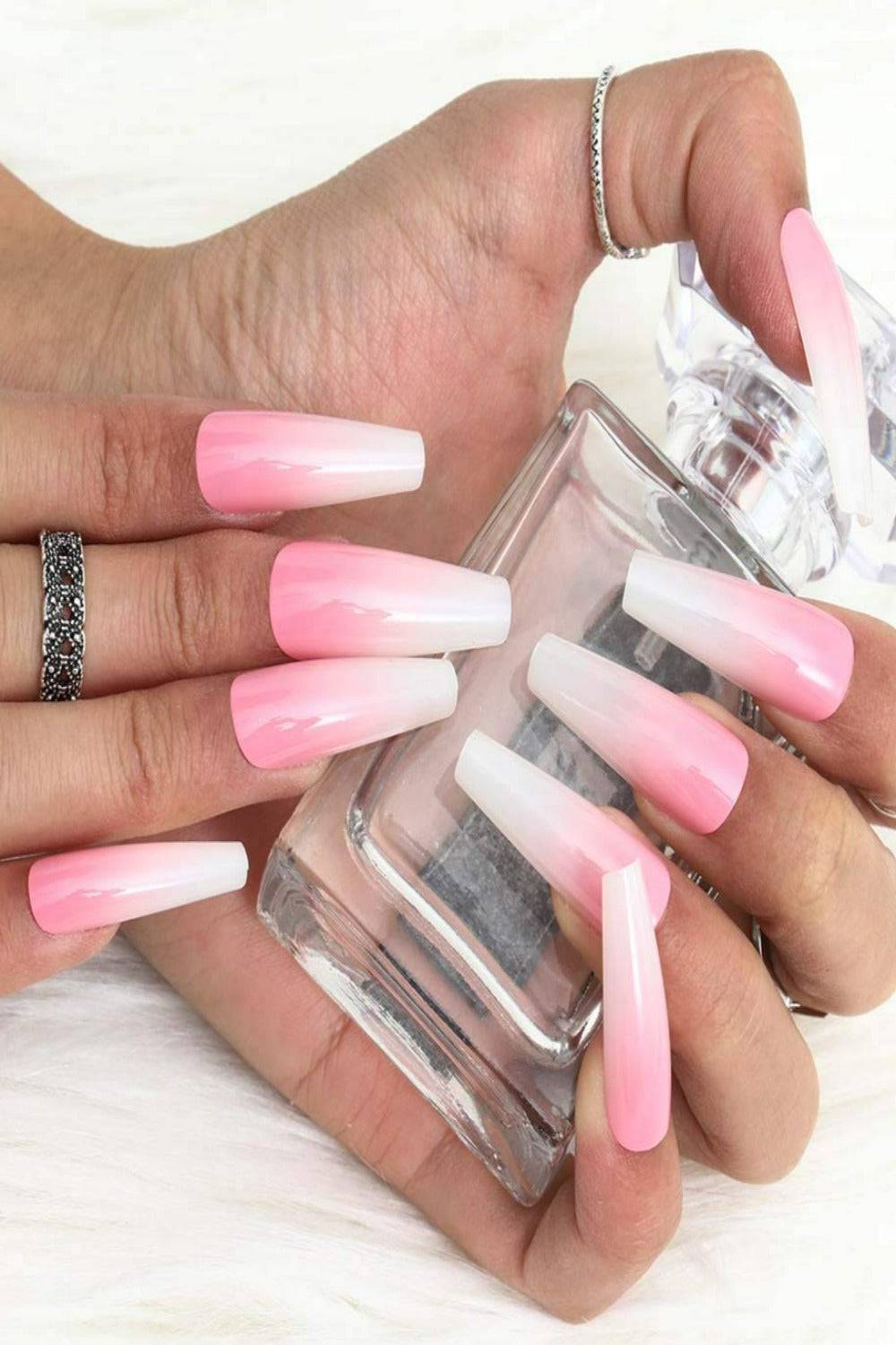 Press On Nails Pink and White Glossy Ombre Coffin French Tip Nail Kit - TGC Boutique - Press On Nails