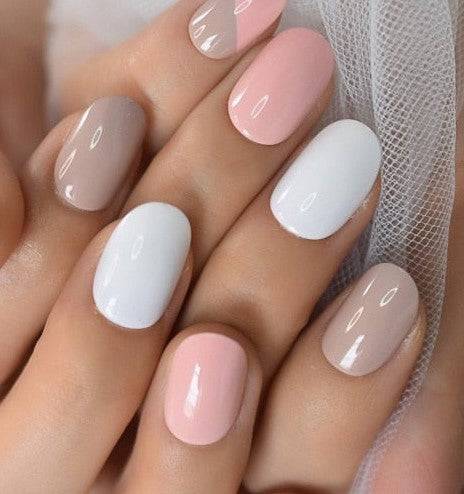 Press On Nails Pink And White Glossy Oval Geometric Nail Kit - TGC Boutique - Press On Nails
