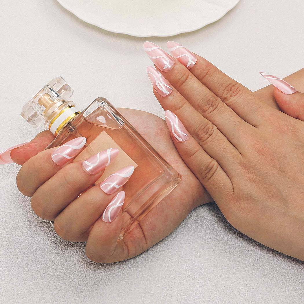 Press On Nails Pink Glossy Almond White Swirl Nail Kit - TGC Boutique - Press On Nails