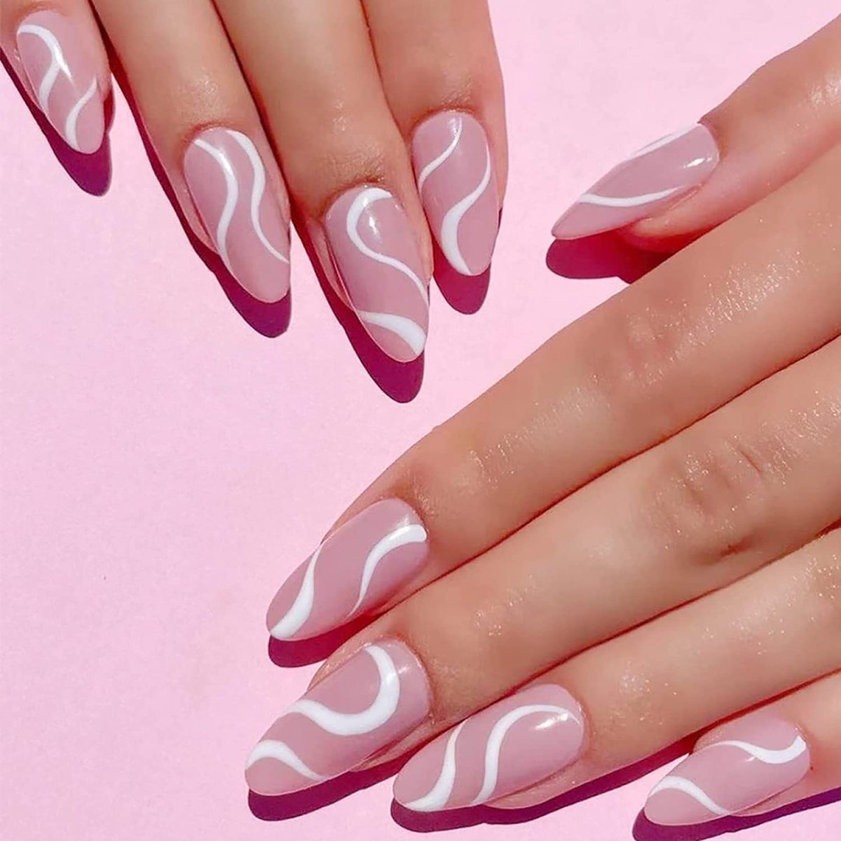Press On Nails Pink Glossy Almond White Swirl Nail Kit - TGC Boutique - Press On Nails
