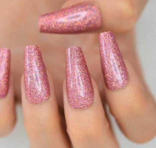 Press On Nails Pink Glossy Coffin Glitter Nail Kit - TGC Boutique - Press On Nails
