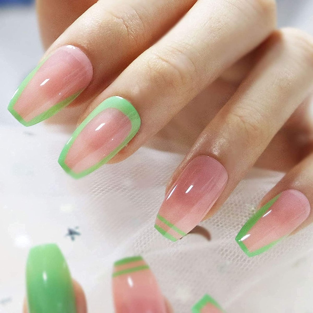 Press On Nails Pink Glossy Coffin Green Nail Kit - TGC Boutique - Press On Nails