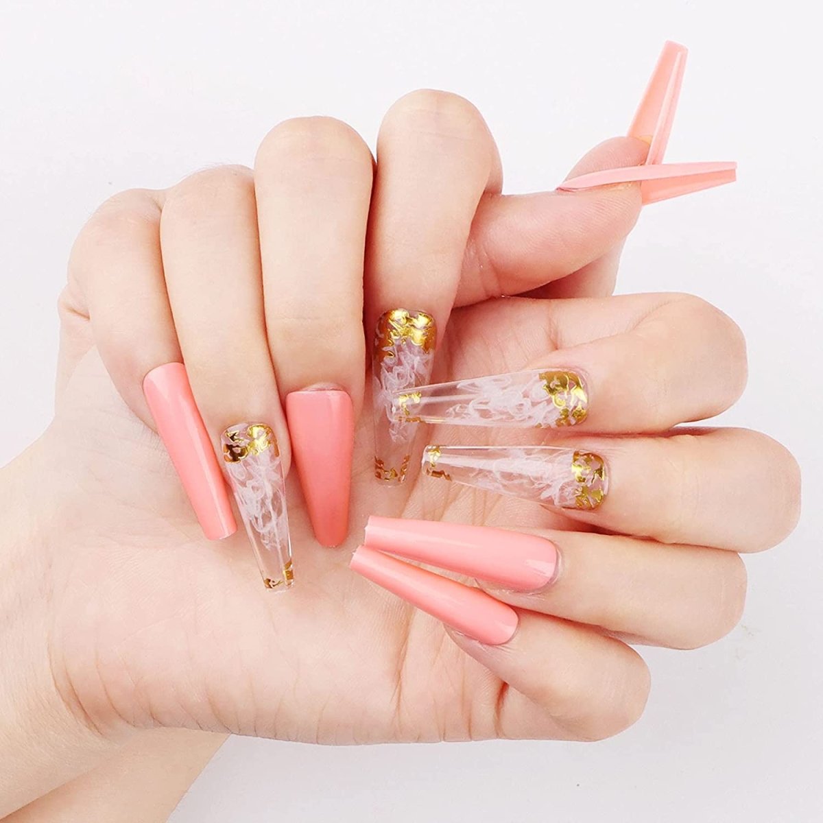 Press On Nails Pink Glossy Coffin White And Gold Nail Kit - TGC Boutique - Press On Nails