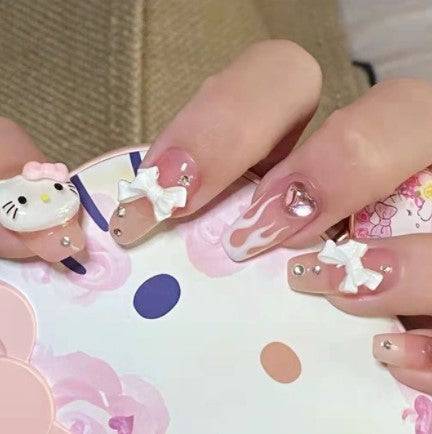 Press On Nails Pink Glossy French Tip Coffin White Flame Nail Kit - TGC Boutique - Press On Nails