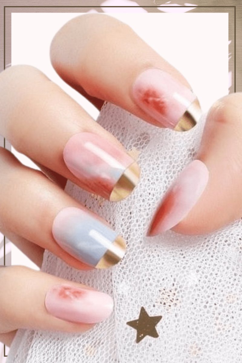 Press On Nails Pink Glossy Gold French Oval Marble Nail Kit - TGC Boutique - Press On Nails