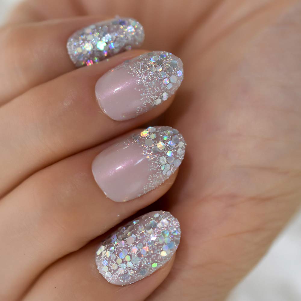 Press On Nails Pink Glossy Oval Silver Glitter Nail Kit - TGC Boutique - Press On Nails