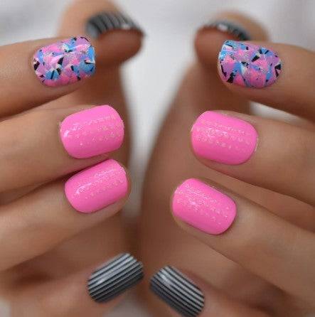 Press On Nails Pink Glossy Round Stripe Nail Kit - TGC Boutique - Press On Nails