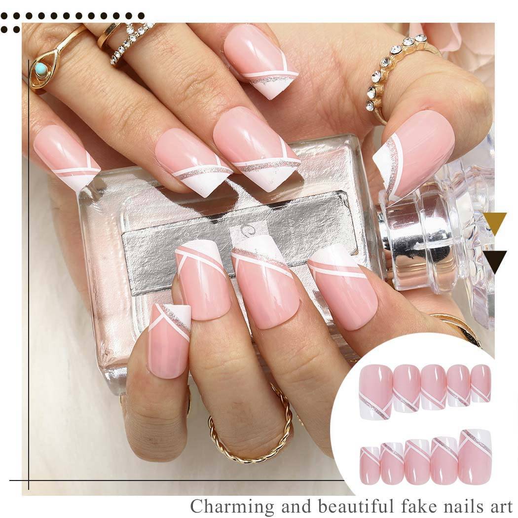 Press On Nails Pink Glossy White French Tip Coffin Glitter Nail Kit - TGC Boutique - Press On Nails