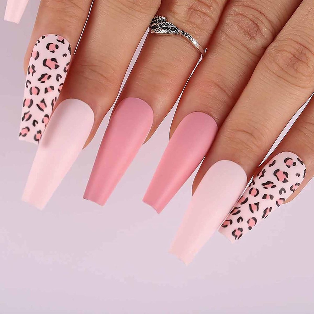 Press On Nails Pink Matte Coffin Leopard Nail Kit - TGC Boutique - Press On Nails