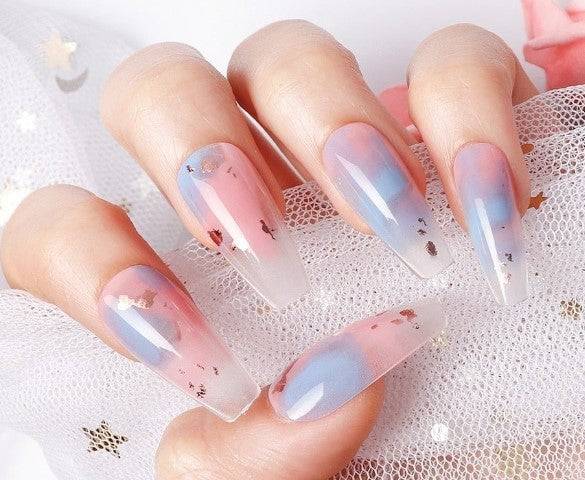 Press On Nails Pink Ombre Glossy Blue Coffin Gold Nail Kit - TGC Boutique - Press On Nails