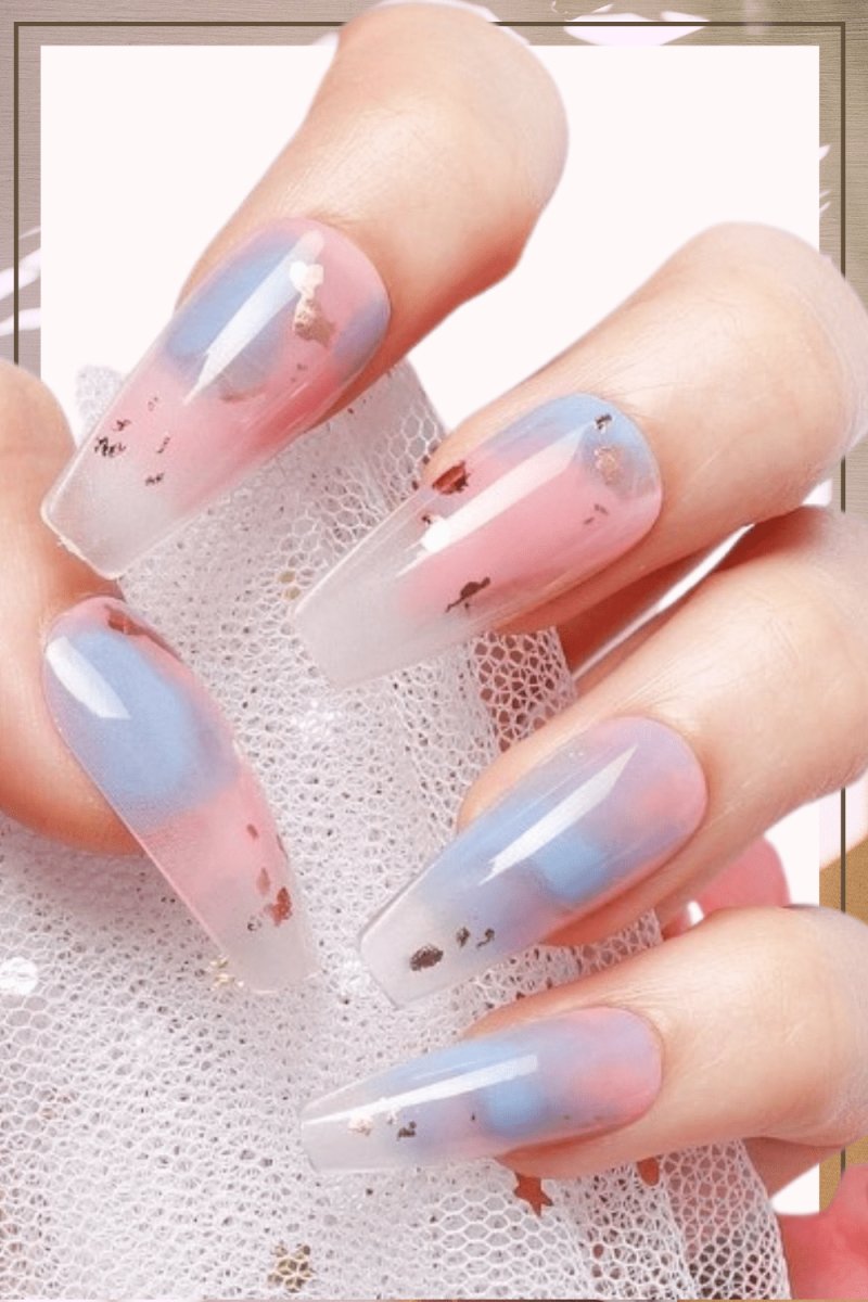 Press On Nails Pink Ombre Glossy Blue Coffin Gold Nail Kit - TGC Boutique - Press On Nails
