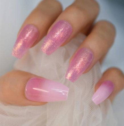 Press On Nails Pink Ombre Glossy Coffin Glitter Nail Kit - TGC Boutique - Press On Nails