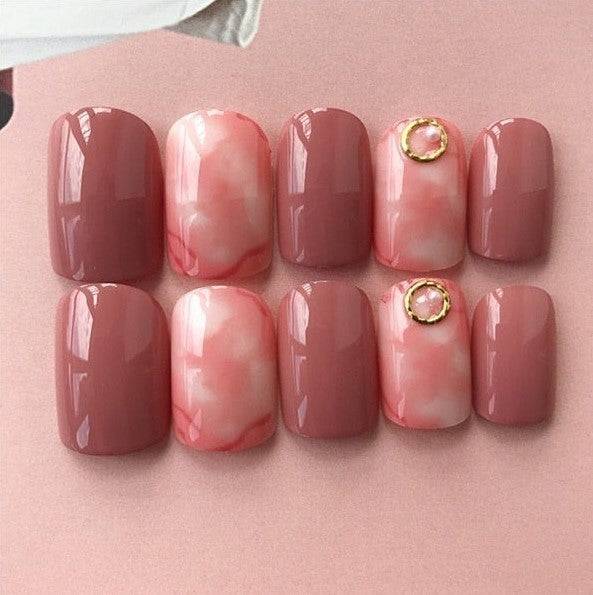 Press On Nails Pink Ombre Glossy Crystal Square Gold Nail Kit - TGC Boutique - Press On Nails