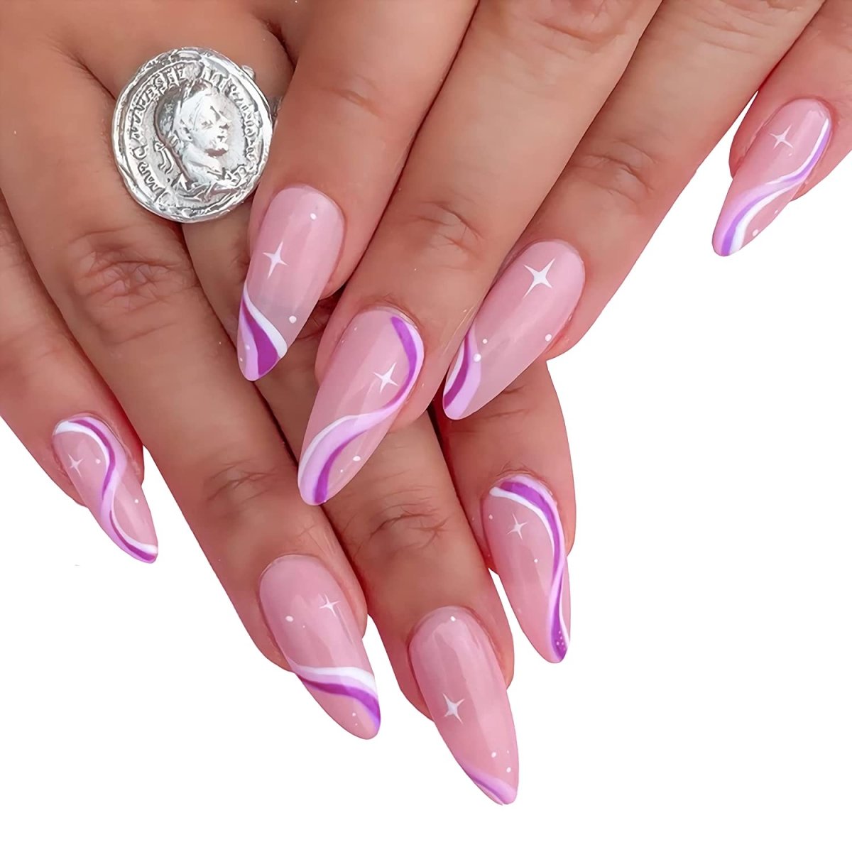 Press On Nails Pink Swirl Glossy Almond Stiletto Nail Kit - TGC Boutique - Press On Nails