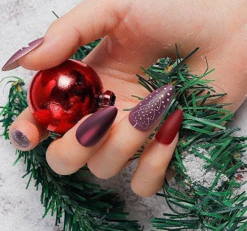 Press On Nails Purple And Red Matte Almond Christmas Tree Nail Kit - TGC Boutique - Press On Nails