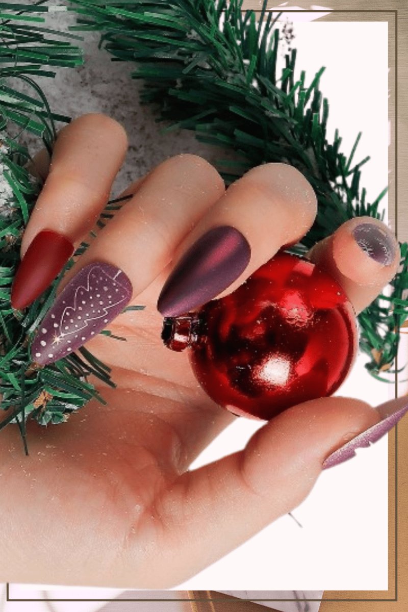 Press On Nails Purple And Red Matte Almond Christmas Tree Nail Kit - TGC Boutique - Press On Nails
